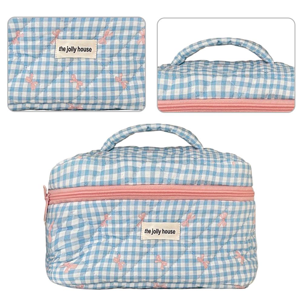 Checkered Cute Bow Travel Makeup Pouch with Zipper Toiletry Bag Cotton Quilted Cosmetic Organizer Case for Women and Girls