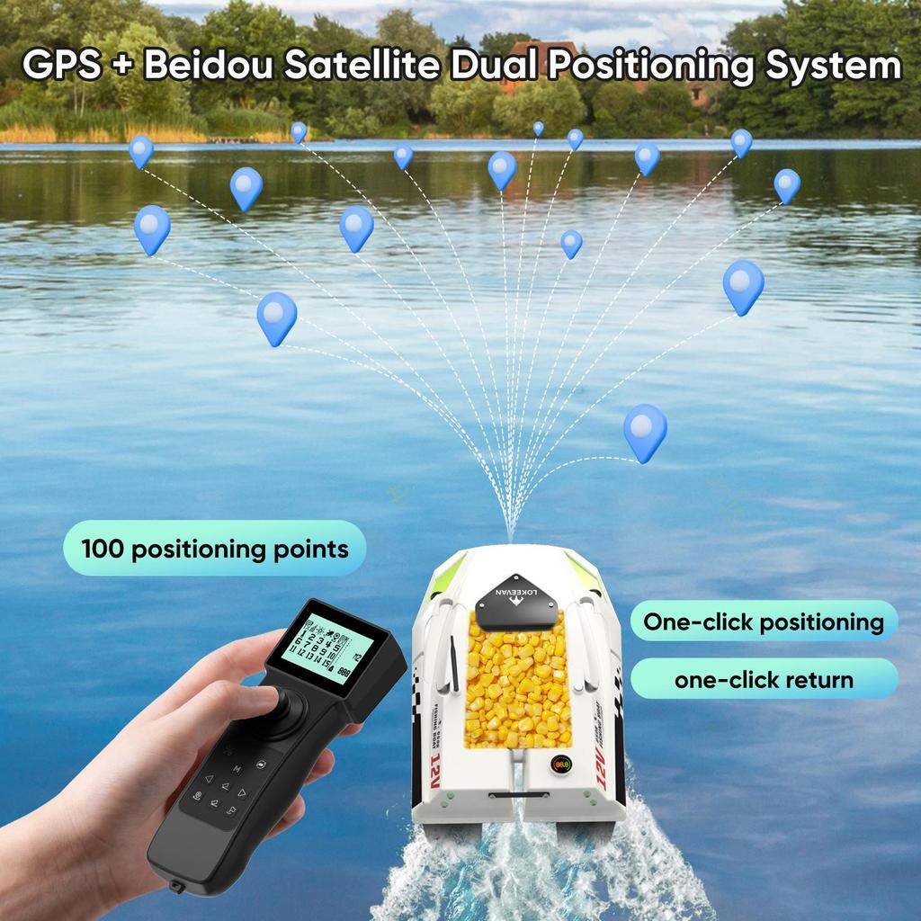 LOKEEVAN D50B Barco Cebador GPS Control Remoto 500m Barco de Pesca Alimentación 12V Sistema de Posicionamiento Dual Satelital GPS+Beidou