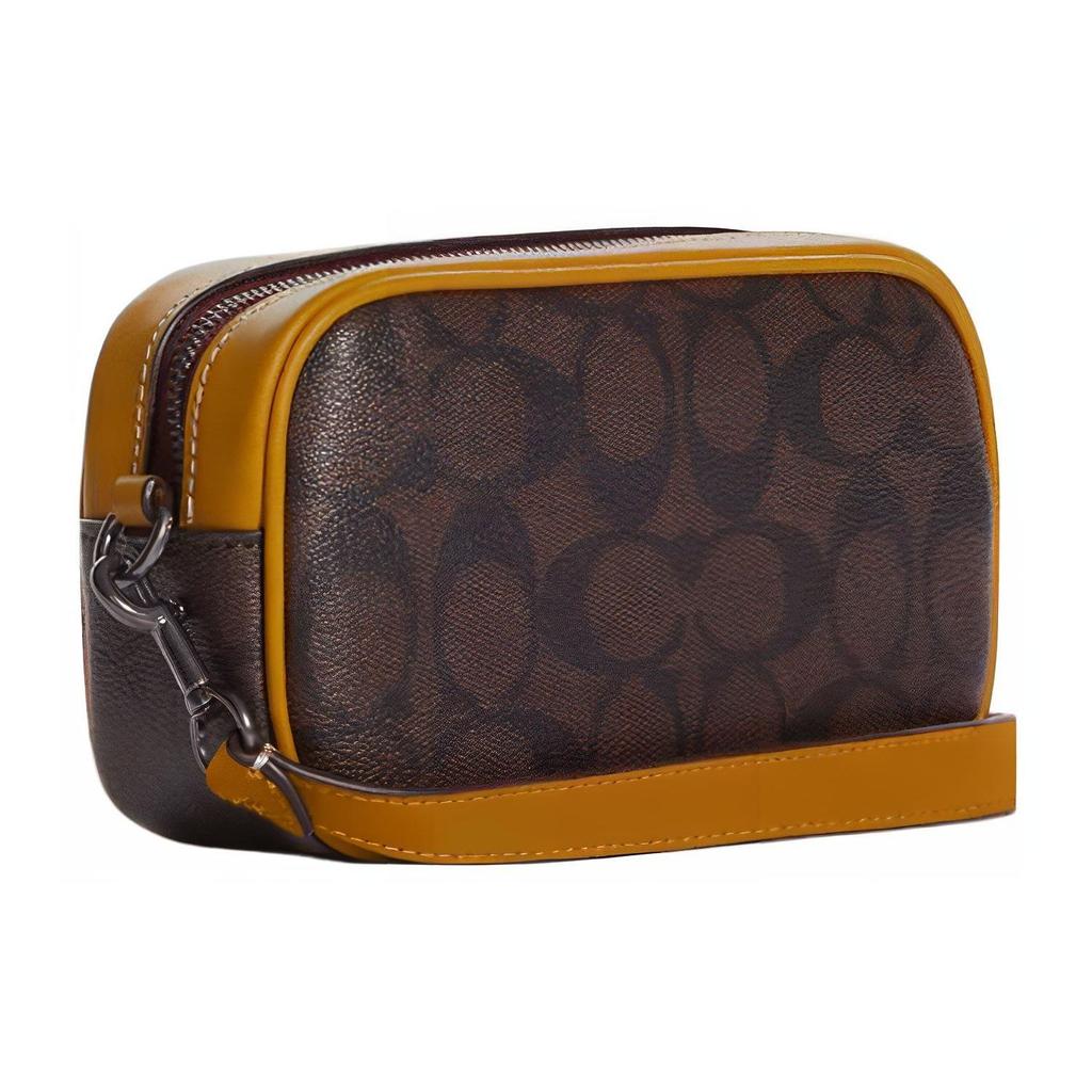 Coach Jamie 18 Classic Monogram Print Double Card Slot Zipper Closure No Shoulder Strap Handbag Small Women Handbag Brown Gold CB851-QBUOD