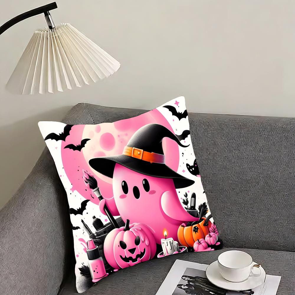 Cute Ghost with Pumpkin Cushion Cover Reversible Plush Pillow Cover – For car, sofa, bedroom, perfect as a gift.