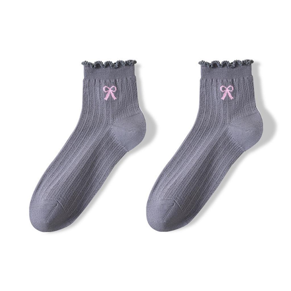 Women’s Lightweight Mesh Ankle Socks Breathable Lace Trim Crew Socks with Bow Embroidery and Hollow Out Design for Everyday Wear