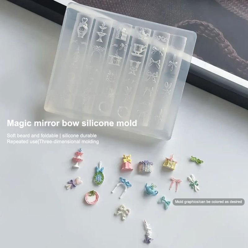 

Transparent Nail Art Silicone Carving Mold Bowknot Mirror Teacup Uv Gel Polish Art Mould Diy Design Nail Charm Stencils Decor