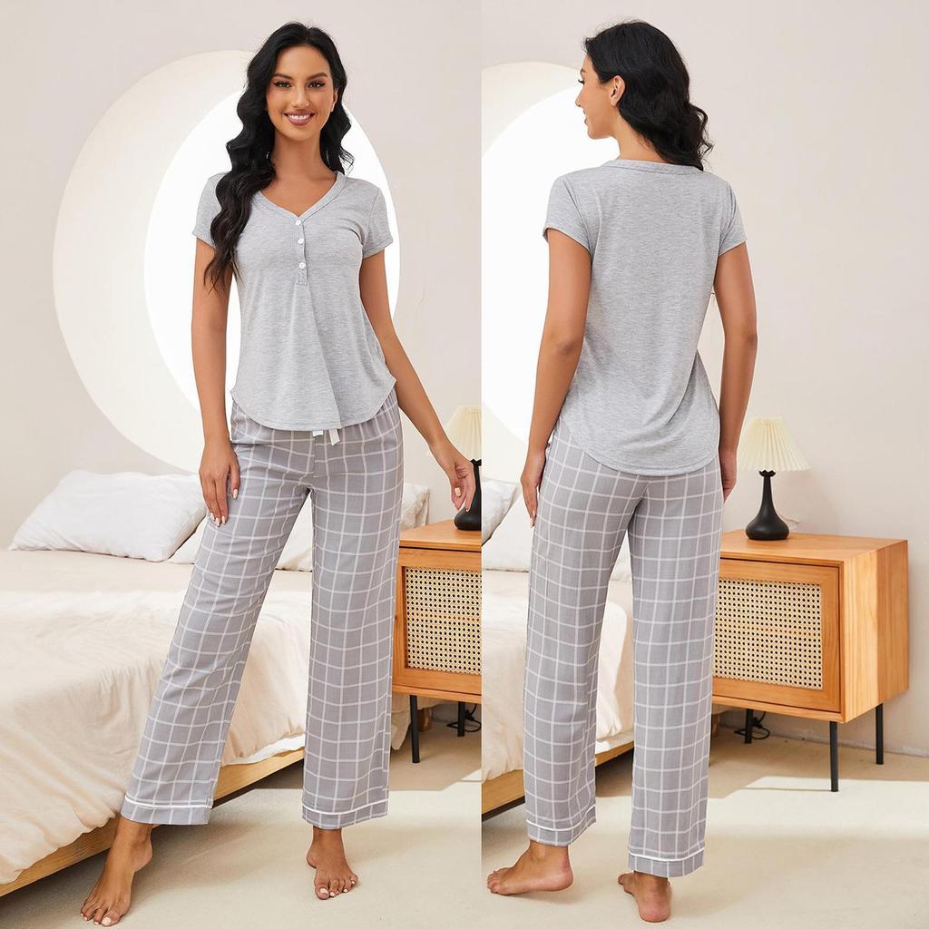 Dámský kostým na spaní Pyžamo Košile s výstřihem do V Dlouhé kostkované kalhoty 2 kusy Domácí oblečení Jaro Léto Neformální kostým Noční oblečení