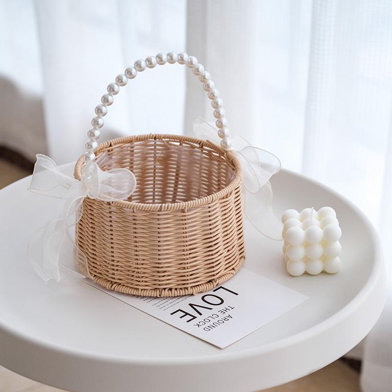 Imitation Rattan Pearl Handheld Flower & Fruit Basket