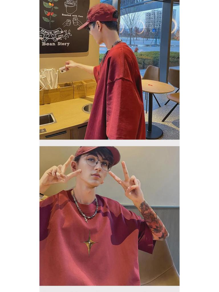 Tricou de bărbați alb cu mânecă scurtă, la modă, casual, cu croială largă, bumbac pur, stil de vară high street.