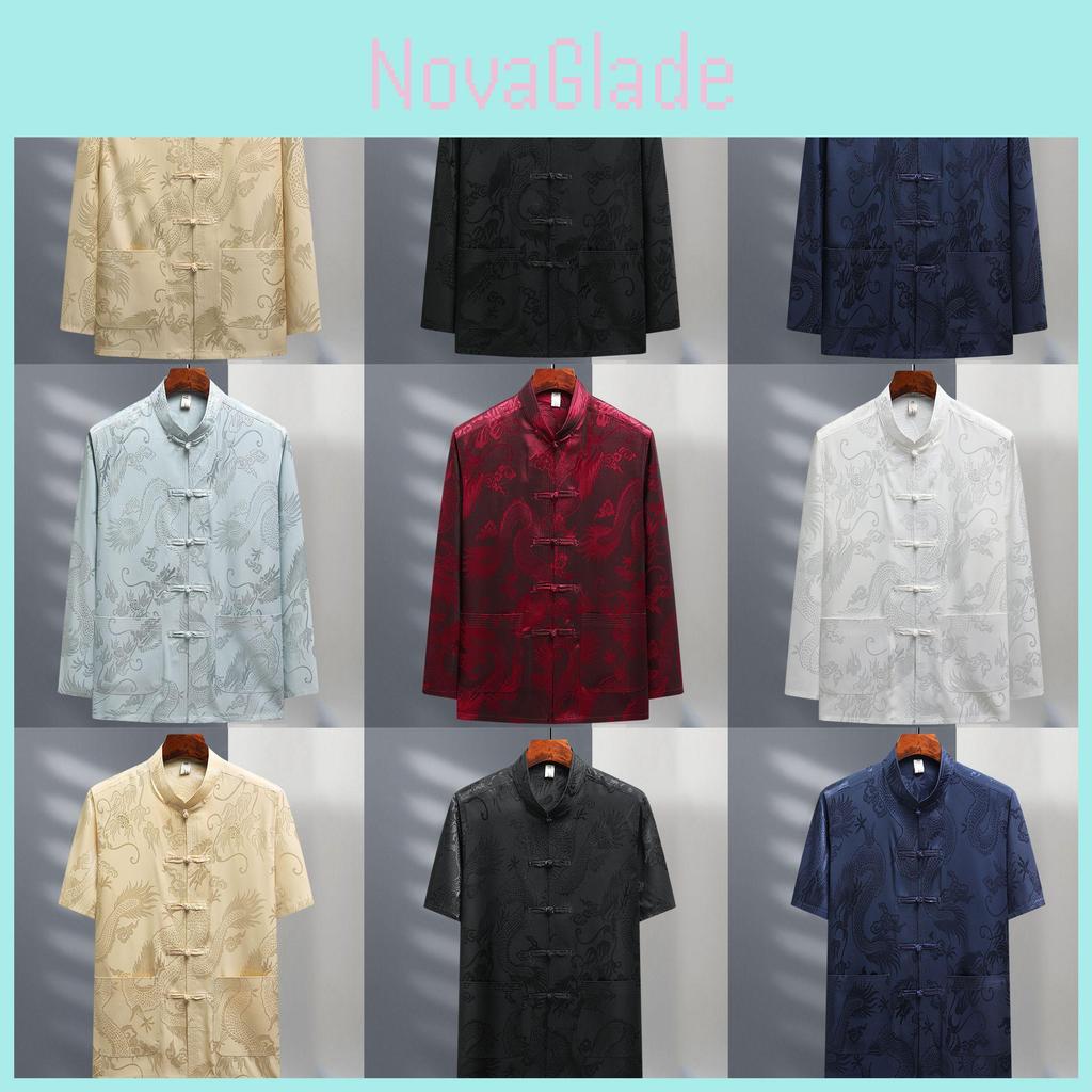 Chinese Style Tang Suit Men Long Sleeve Silk Blended Fabric Casual Traditional Clothing For Middleaged Adults