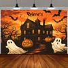 1 Halloween haunted house background cloth - pumpkin ghost bat and haunted house theme Halloween party durable polyester