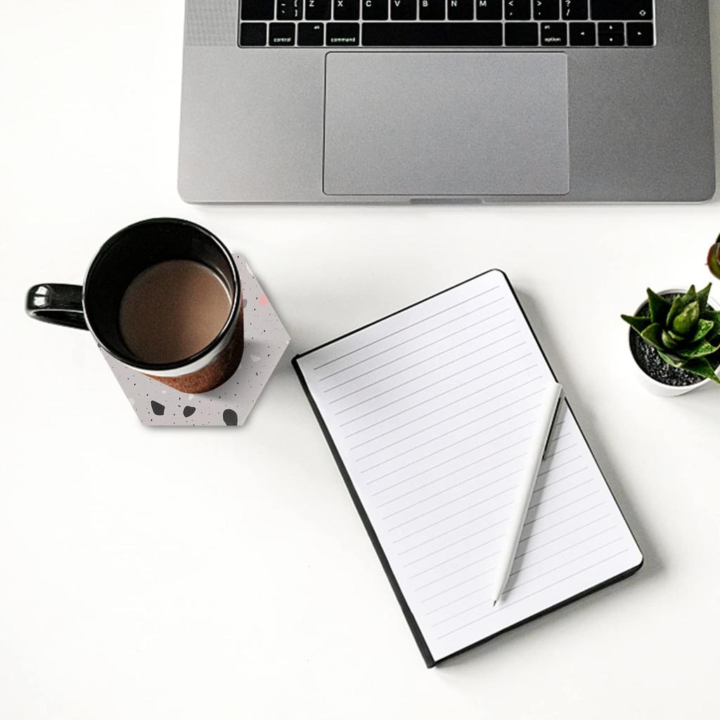 WINOMO Cork Coasters, Stylish Ceramic, Nordic Marble, Hexagonal, 6-Piece Set with Rack, Insulated, Absorbent, Quick-Drying, Non-Slip, Random Pattern