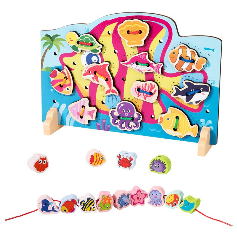 Children'S Wooden Early Education Cartoon Threading Board Animal Beaded Two-In-One Pairing Educational Cute Fun Toy