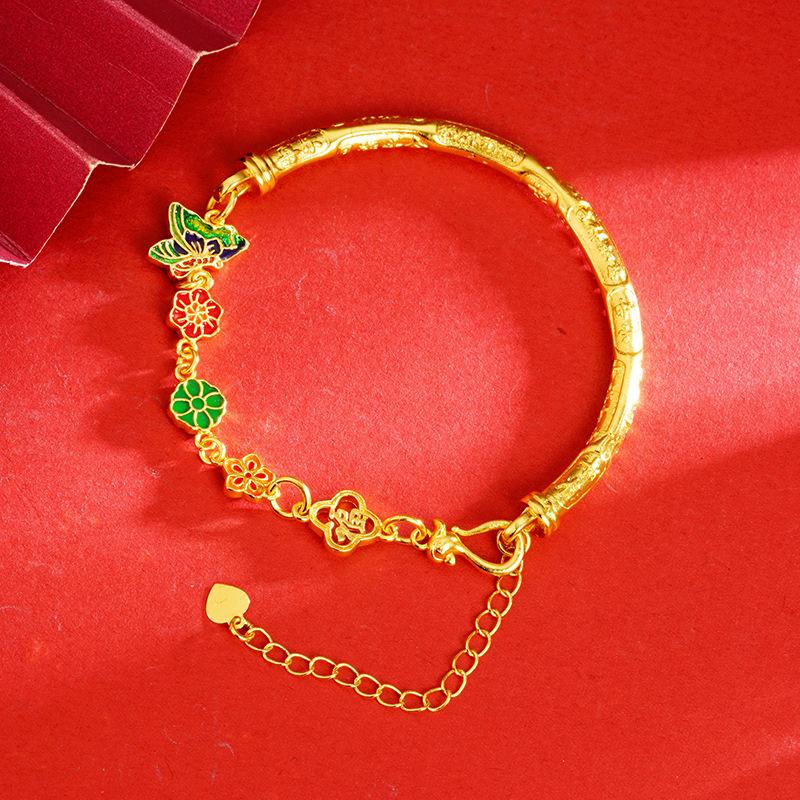 24K Pure Gold Butterfly Love Flower Bracelet with Retro Chinese Style, Light Luxury and Versatile Temperament