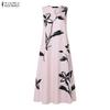 ZANZEA Women Boho Print Loose Casual Round Neck Sleeveless Long Dress