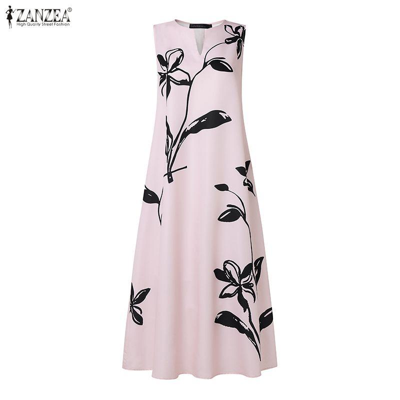 ZANZEA Women Boho Print Loose Casual Round Neck Sleeveless Long Dress