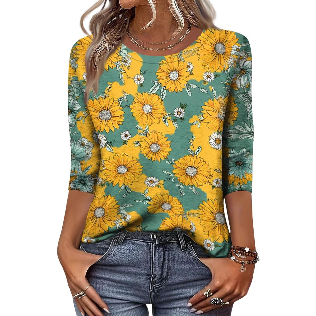 Women's Fashion Casual Round Neck 3/4 Sleeve Loose Printed T-Shirt Ladies Top