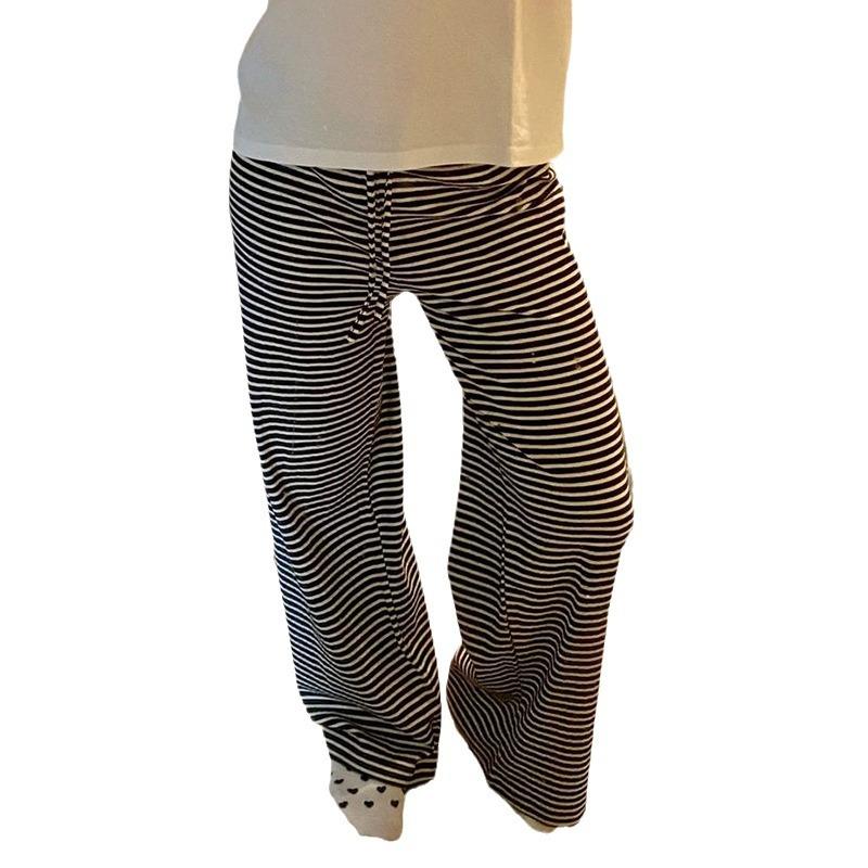 American Style Casual Striped Trousers New High Waist Lace-up Loose Straight-leg Pants for Women