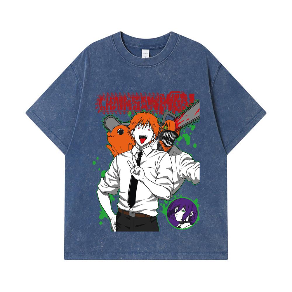 

275 GSM Washed T-shirts 100% Cotton Chainsaw Man V46 Denji Print Unisex Heavy Cotton T Shirt 2XL королівський синій колір