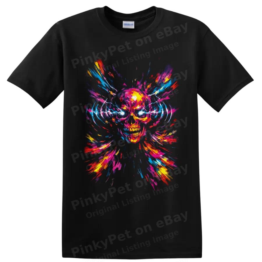Neon Skull T Shirt w/ Color Splash Abstract Punk Rock Graphic Tee Halloween Art