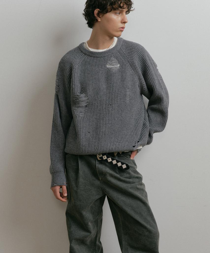 DUSTYWHITE Gray Loose Fit Destroyed Wool Knit Sweater