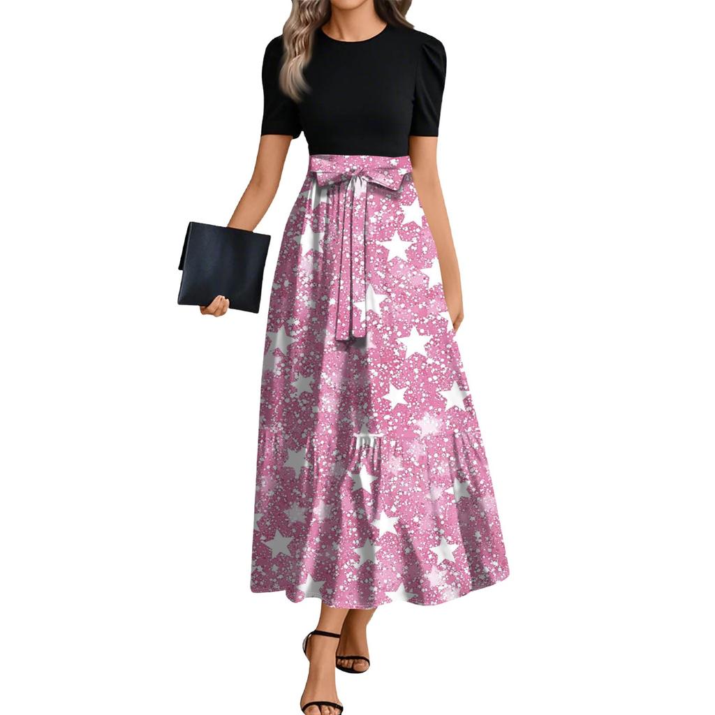Ladies Fashion Casual Belt Short Sleeve Round Neck Floral Print Splicing Elegant Temperament Dress
