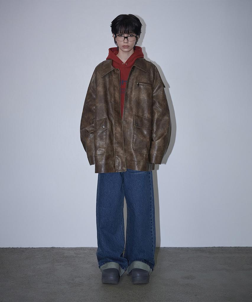 ROUGHTYPE Embossed Washed Leather Jacket - Brown