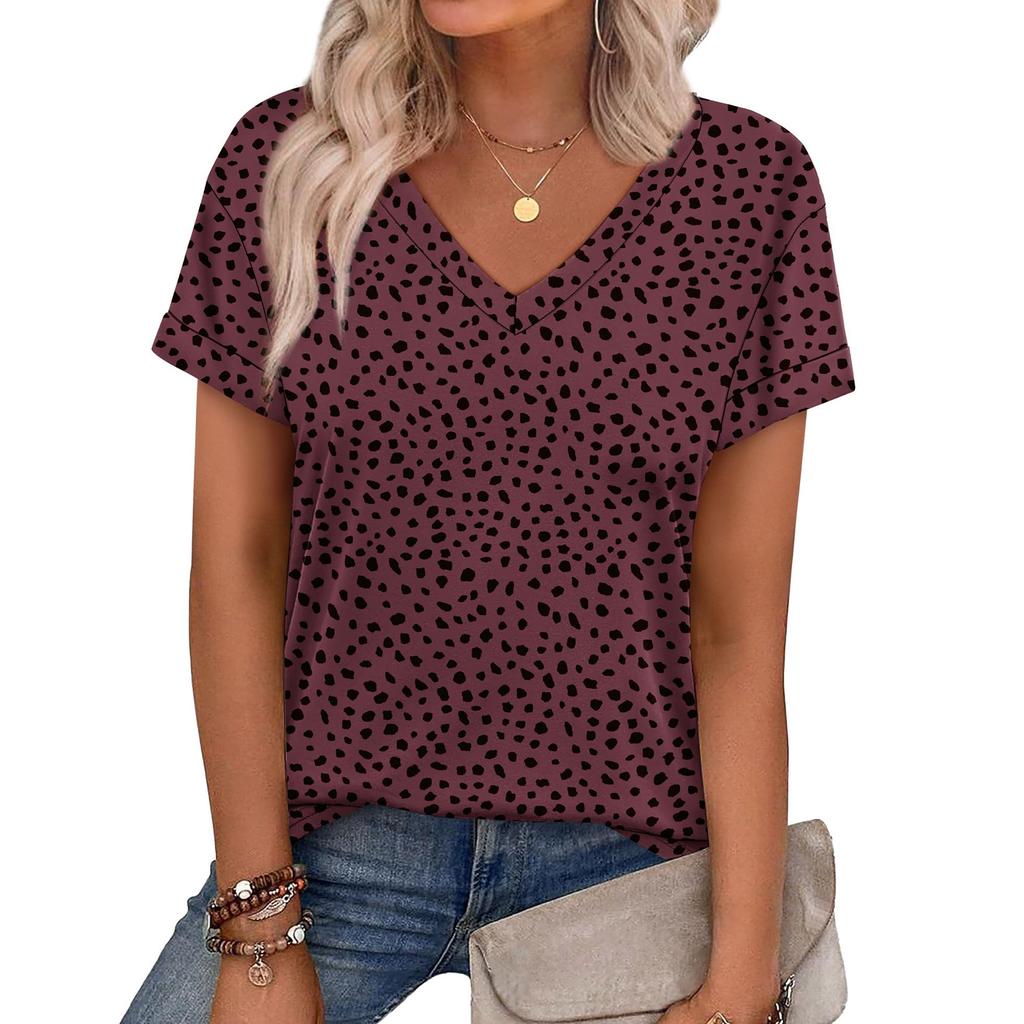 Women's V Neck Short Sleeve Casual Top Lightweight Loose Fit Pullover Blouse with Printed Pattern for Spring Summer Wear