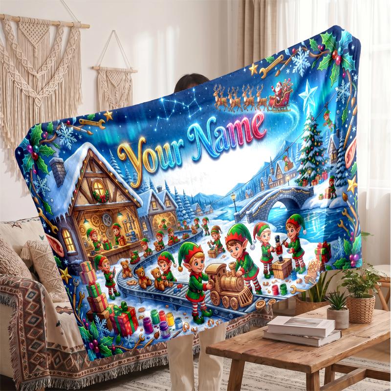 Christmas Custom Name Printed Flannel Blanket Warm Comfort Bed Throw Home Decor Holiday Gift