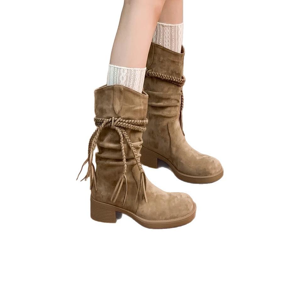 Cowhide Version~ Thick-soled Boots Female Waste Retro Style Knight Boots Genuine Leather Matte Fringed Hemp Rope Thick Heel Medium Boots