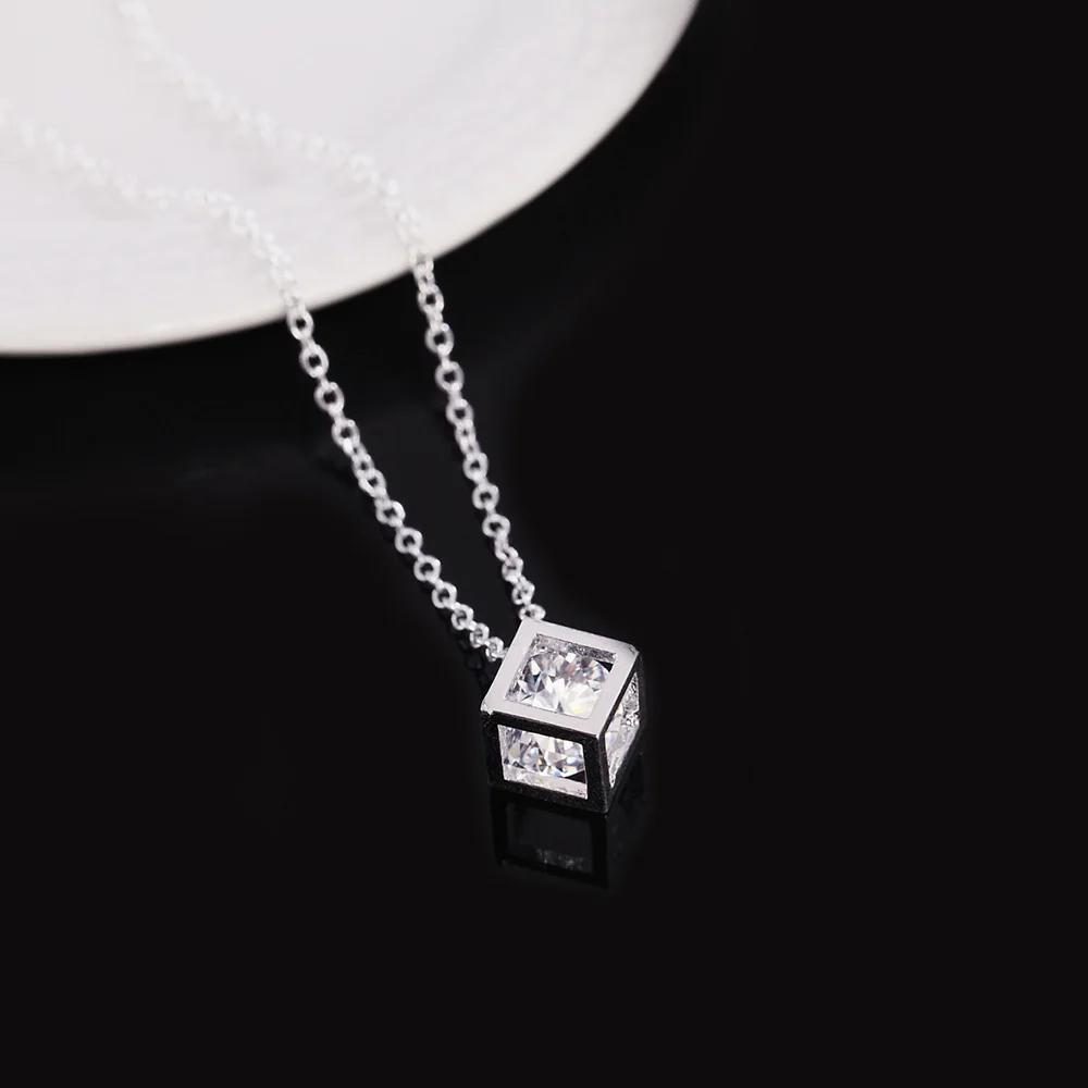 925 Silver Square AAA Zircon Pendant Necklace for Women 18 Inch Birthday Wedding Gift