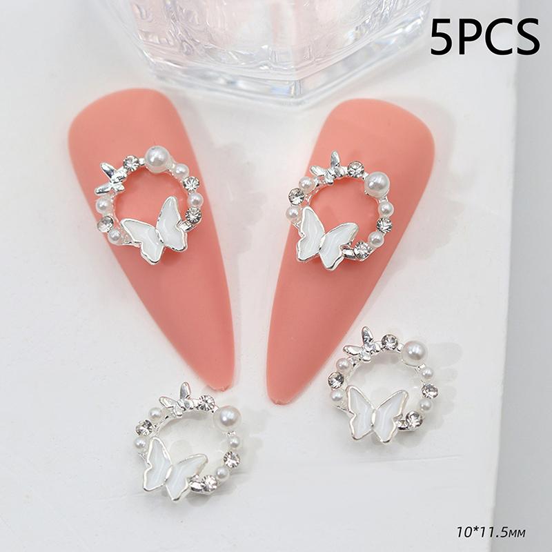 5Pcs Butterfly Pearl Nail Oil Drop Alloy Jewelry Love Flower Wreath Nail Decoration Nail Salon Diy Accessories Manicure Drill