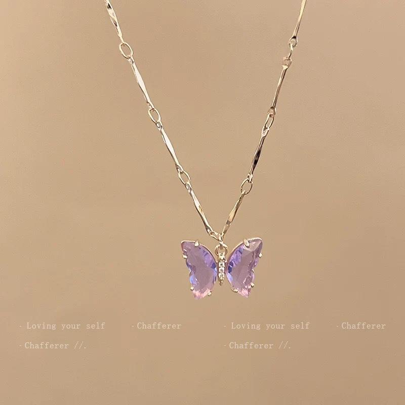 Korean Fashion Double Layered Green Butterfly Necklace for Women Elegant Zircon Butterfly Pendant Choker Chain Jewelry
