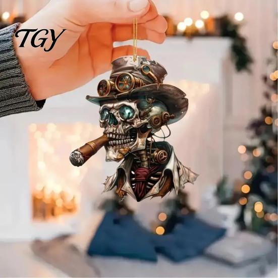 Festive Auto Interior Accessory Halloween Skull Car Hanging Ornament, 2D Flat Acrylic Rearview Skeleton Pendant Mirror Decor, Spooky