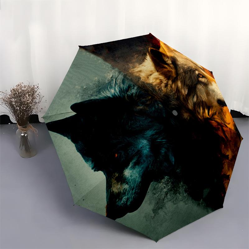 "Fire & Ice Wolf: Unique Dual Color Wildlife Art Print" Umbrella, Portable 3 Fold Compact Umbrella for Men & Women,S121