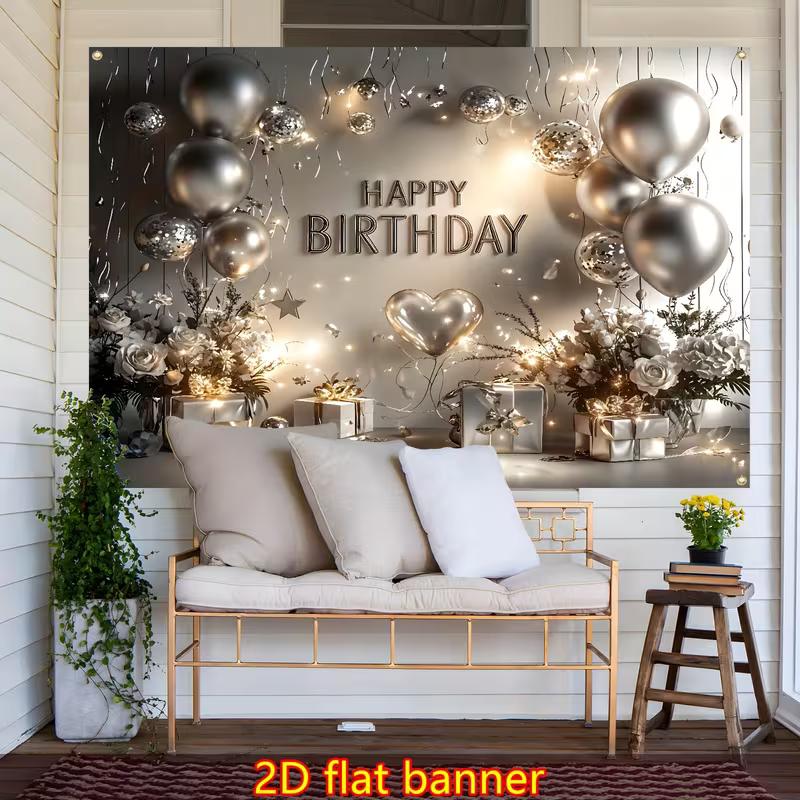 2D Silver Happy Birthday Backdrop, Metallic Balloon Floral Party Photography Background