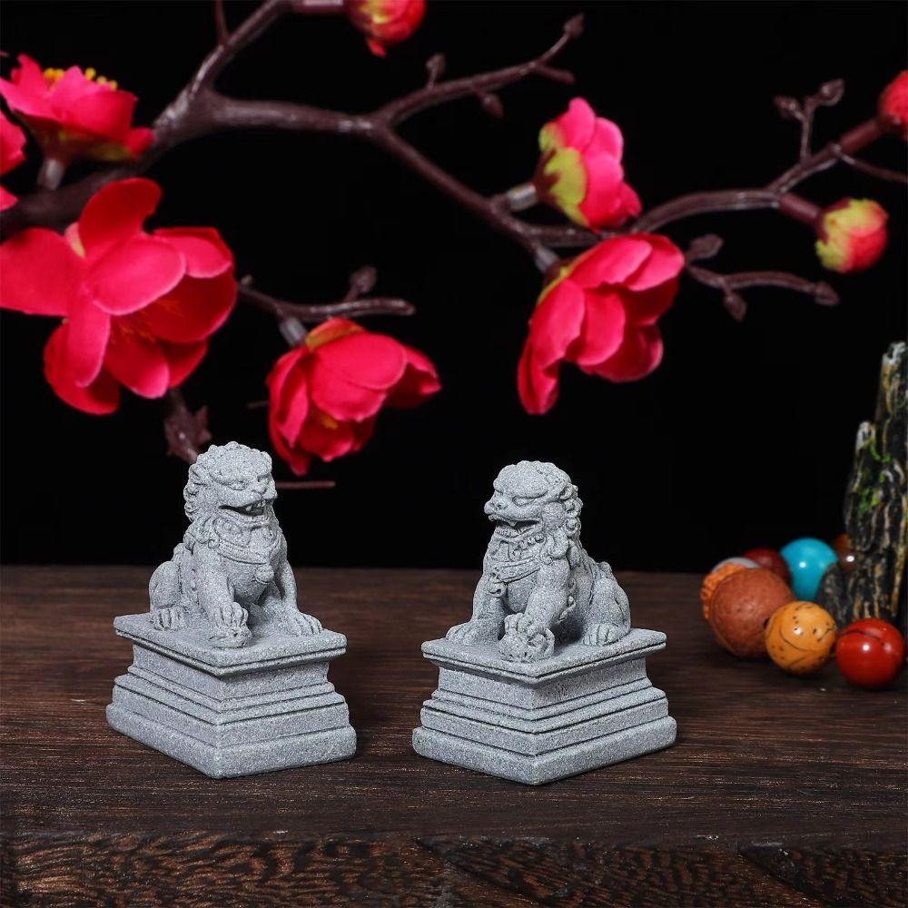 2Pcs Traditional Craft Guardian Lion Statue Sandstone Desktop Adornments  Zen Room