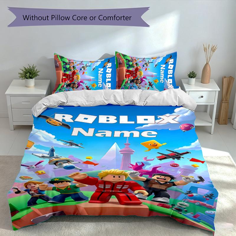 3pcs Custom Name Gaming Roblox Bedding Set,Includes 1 Duvet Cover and 2 Pillowcases,All-season Bedroom Decor