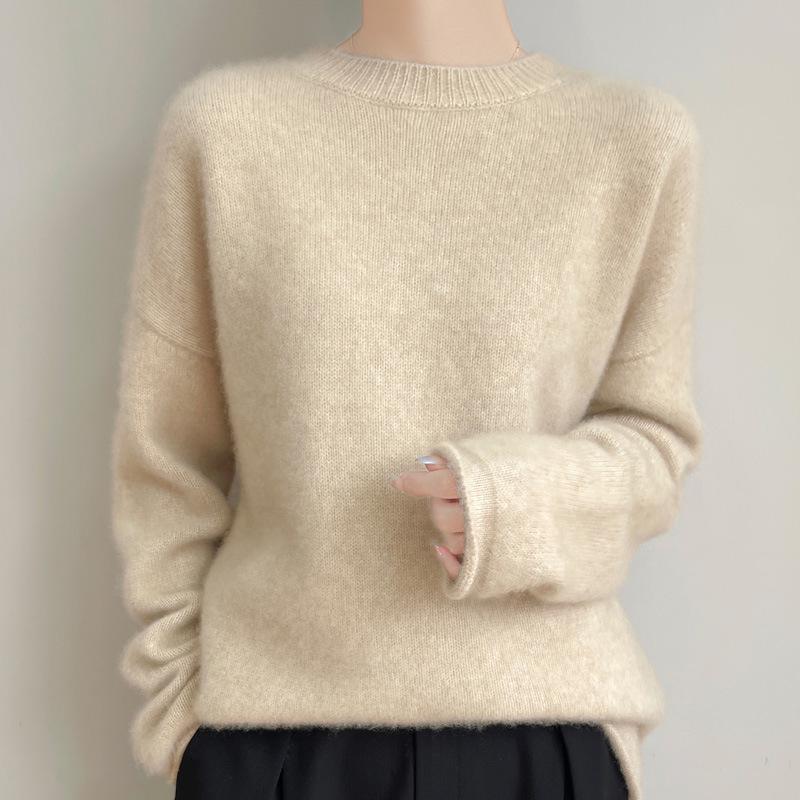 100% Pure Wool Women's Round Neck Knit Sweater - Long Sleeve, Loose, Lazy Style for Autumn/Winter