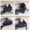 Blue Brown Plaid Woolen Drawstring Bucket Bag Women's Shoulder Bag