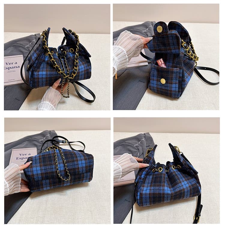 Blue Brown Plaid Woolen Drawstring Bucket Bag Women's Shoulder Bag