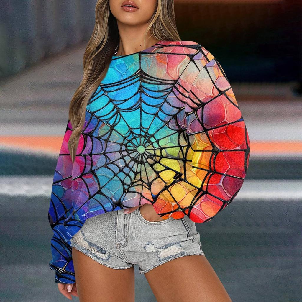 Women's Casual Fashion Printed Long Sleeved Knitted Sportswear Top, Loose Fit Halloween