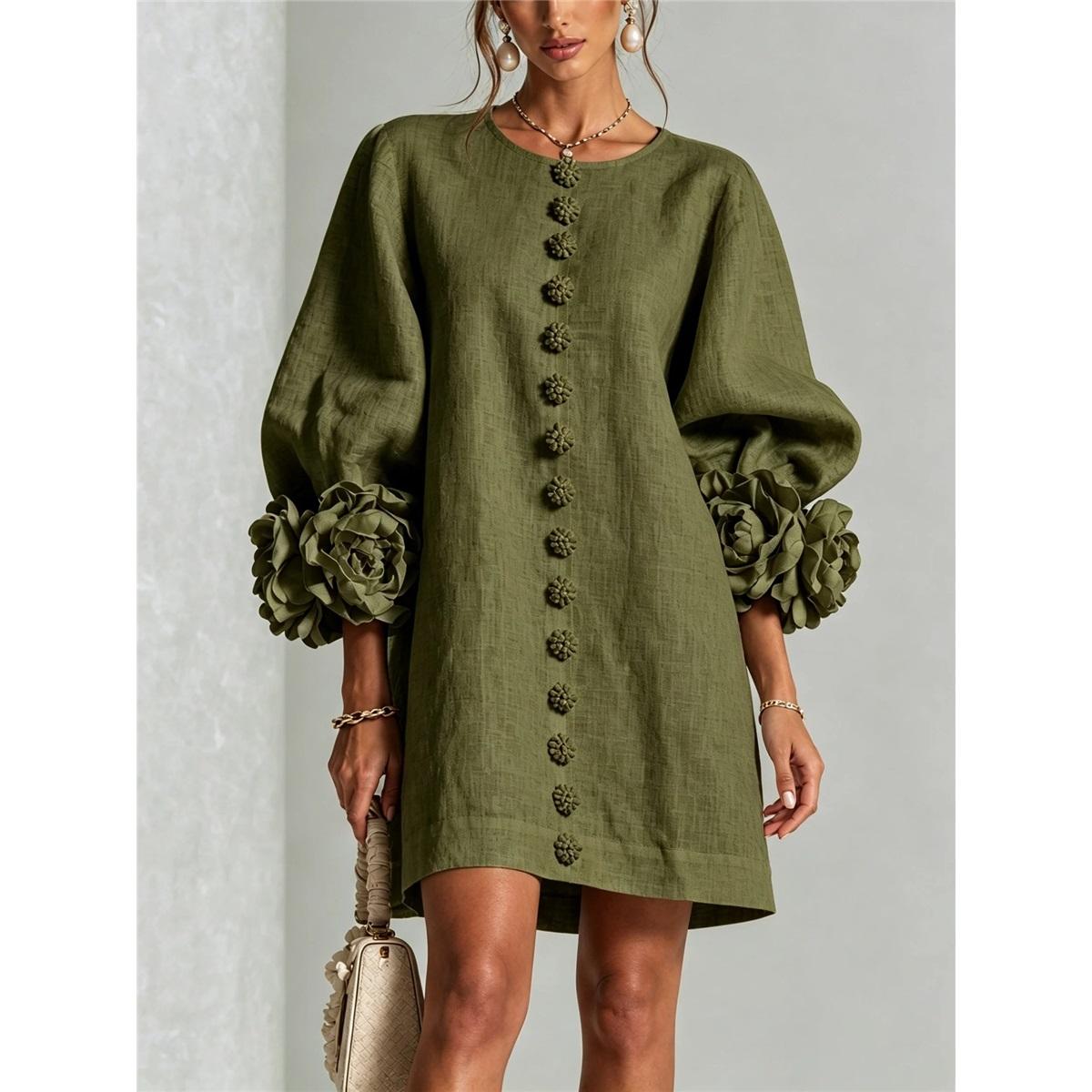 Dames 3D Bloemenmanchet Lantaarnmouw Mini Jurk Voorkant Decoratieve Knoppen Losse Casual Korte Jurk Feest Vakantie Jurk XXL groen