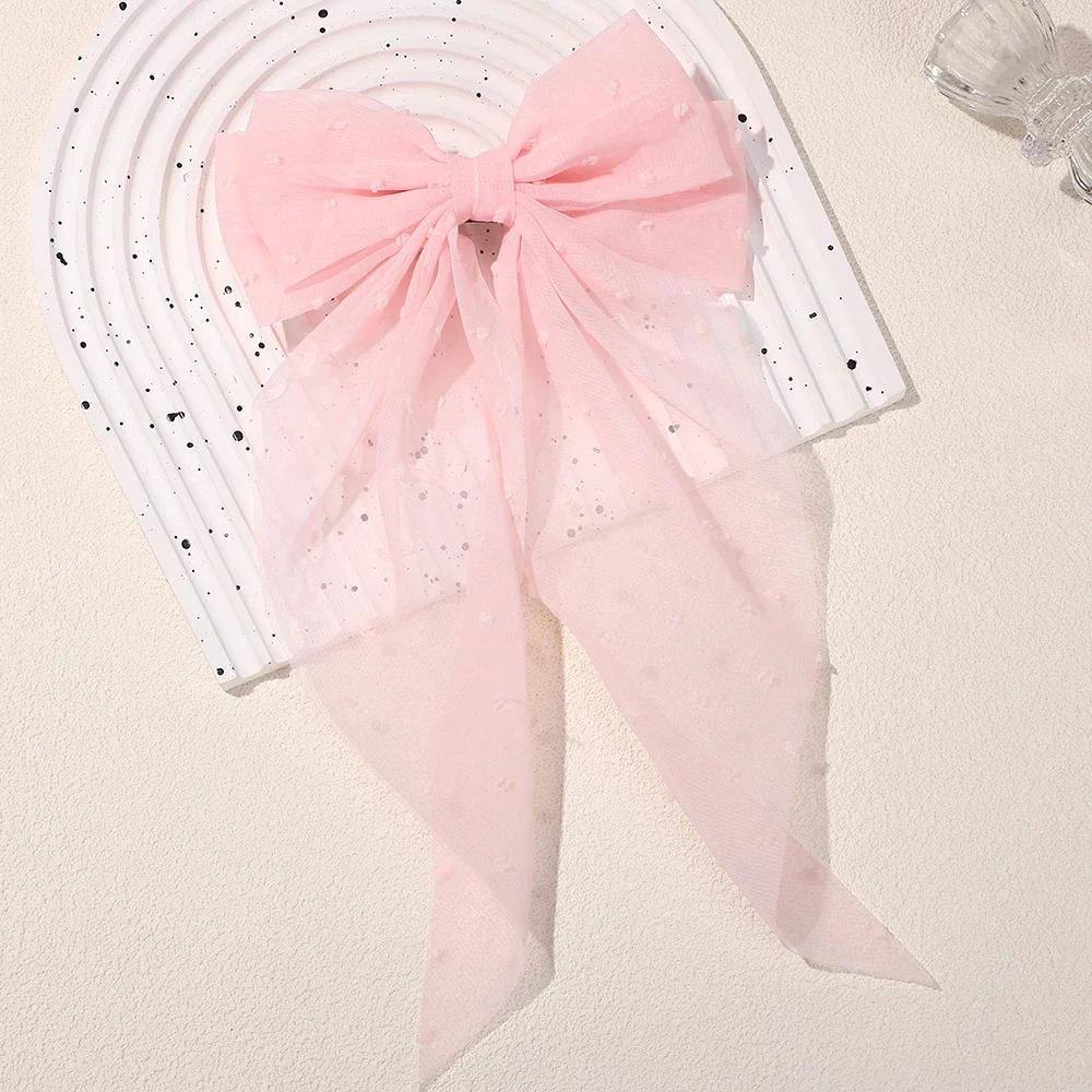 LOVEKIKI 1PCS Girls Long Big Bow Float Satin Clips Back Head Hair Clip 6inch Bow Polka Dot Temperament Elegant Hair Accessories