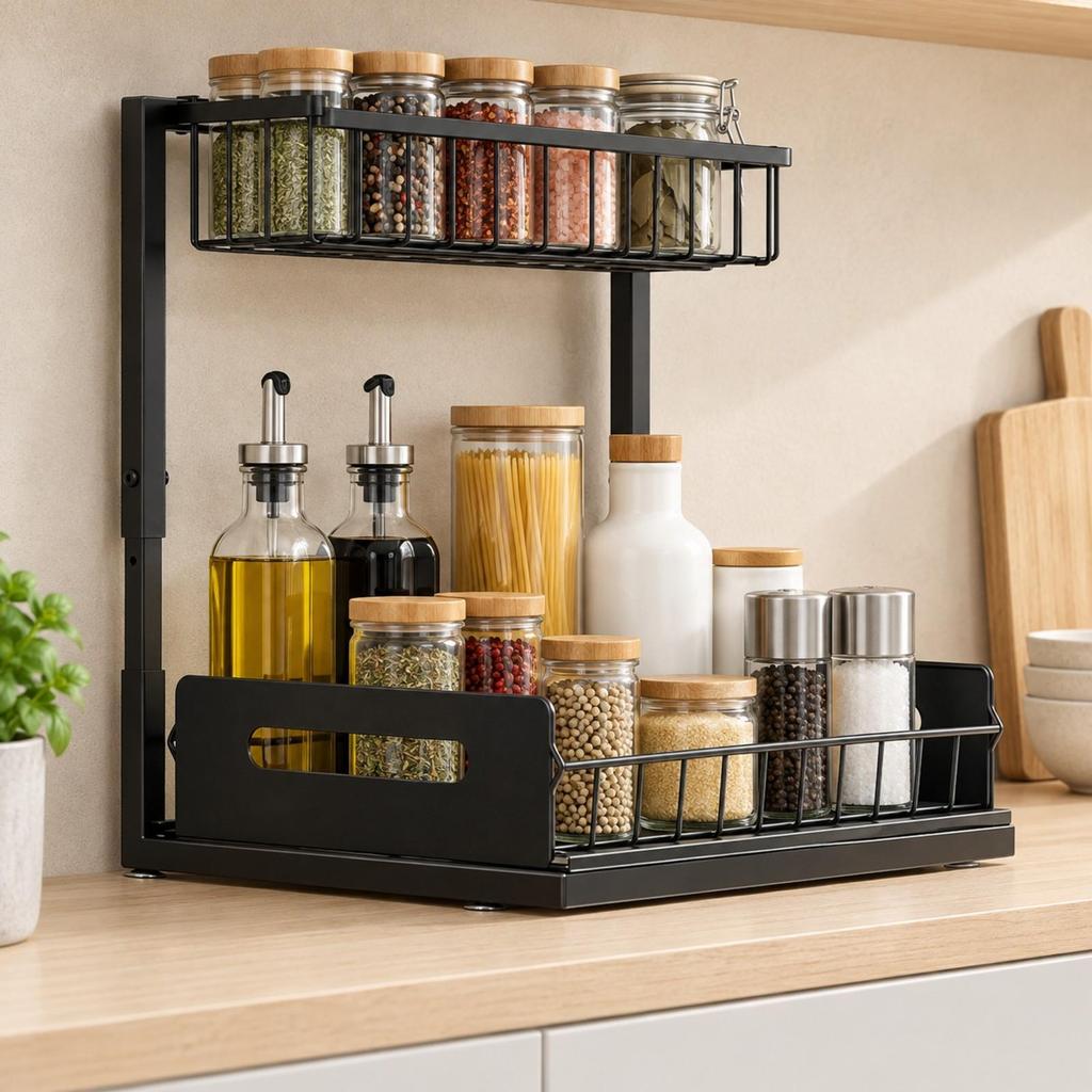 Adjustable Cabinet Organizer Rack Stable Under-Sink with Pull-out Basket