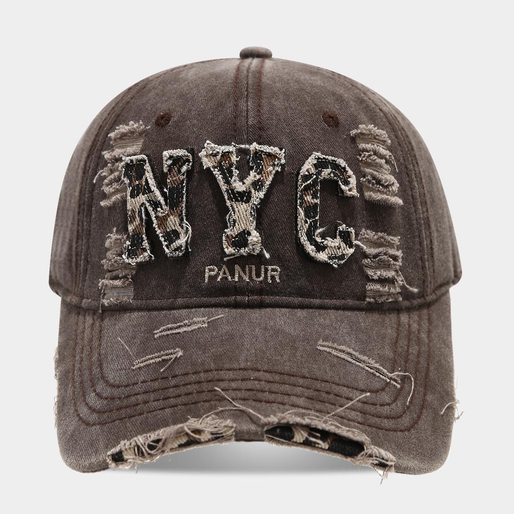 American personality trend leopard print English letters NYC ripped baseball cap men's and women's street fashion retro cap