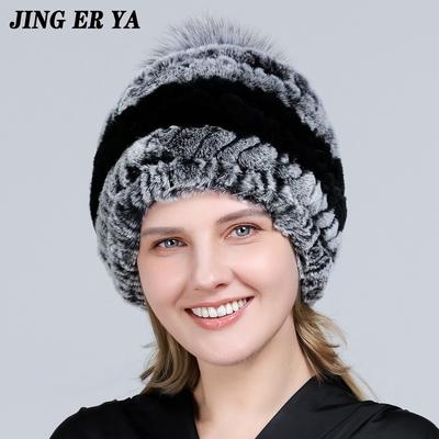 JINGERYA  Knitted Real Genuine Fox Fur Hats Women Beanies Solid Rex Rabbit Fur Caps Winter Lady Party Fashion Fur Hat Skullies