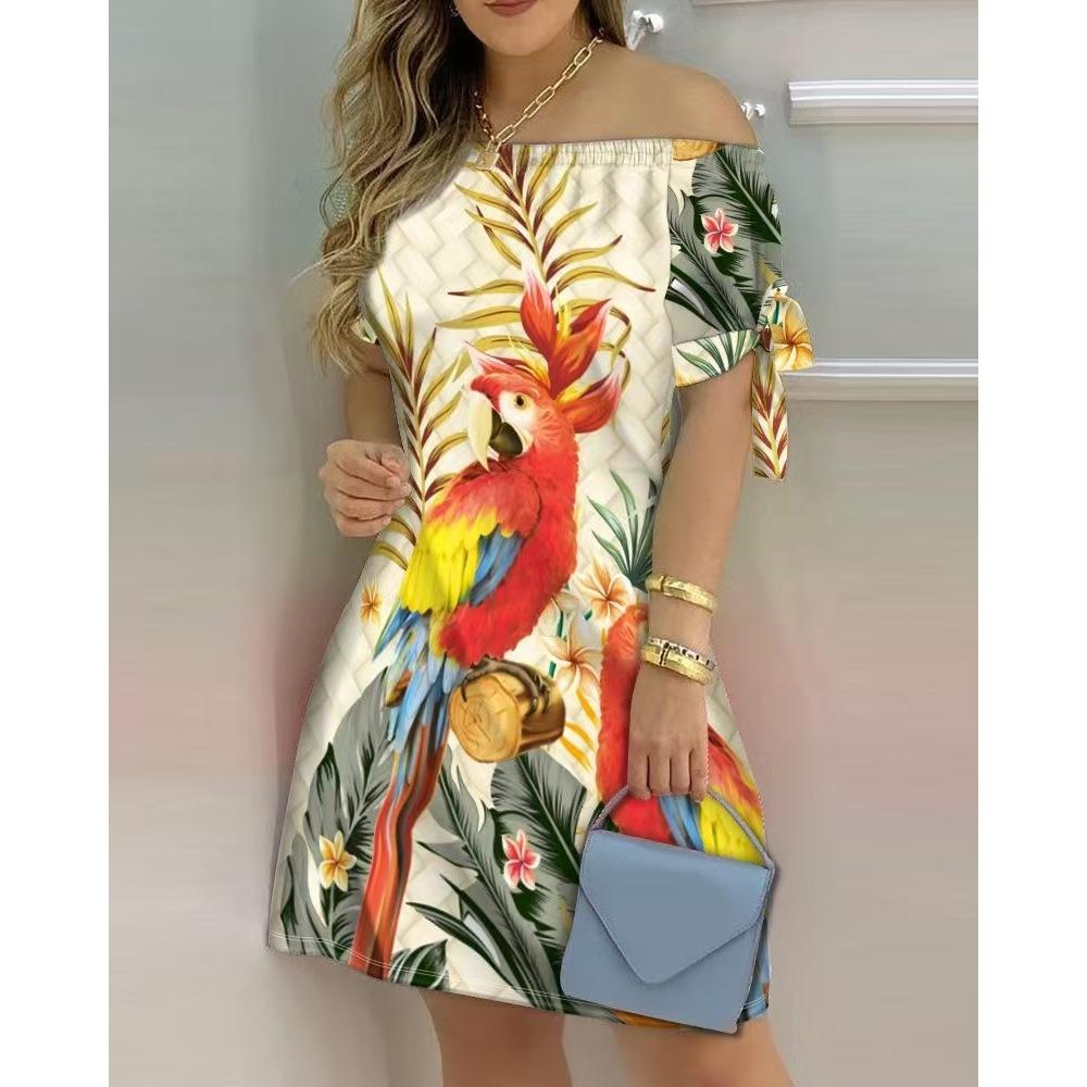 Women's Fashion Summer Spring Solid Color Print Short Sleeve One Shoulder High Waist Casual Dresses