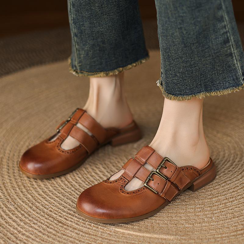 Fashion New Fashion Sandal Women Pumps Shoes Sexy Slingback Heels Retro Leather Party Casual Summer Round Toe Shoes Mueller Slippers