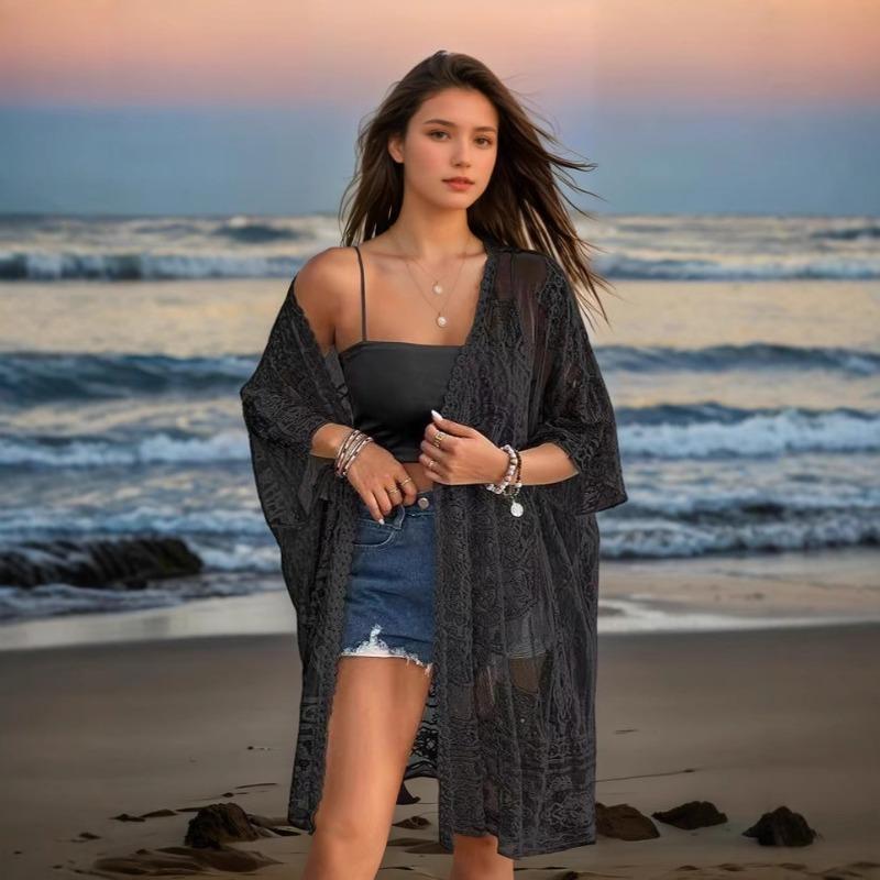 Plus Size Women's Sexy See Through Lace Embroidery Cardigan Beach Bikini Sunscreen Smock