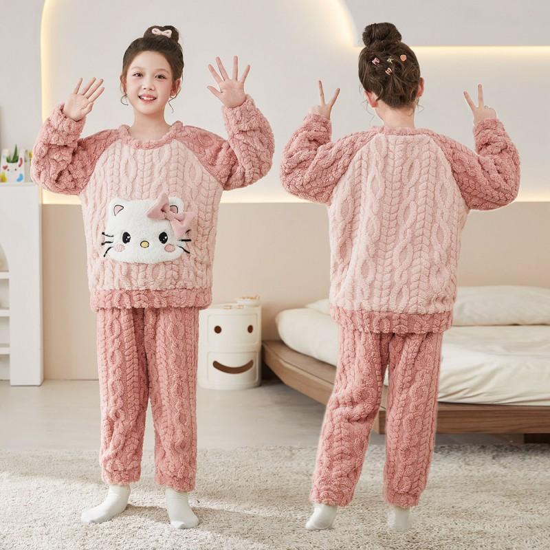 Girls Coral Fleece Pajama Set With Hooded Cartoon Character Design Winter Warm Sleepwear Kids 8 Years