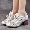Johnature Retro Women's Shoes Genuine Leather Hollow-out Breathable Soft Sole Thick Heel Sandals