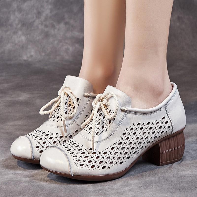 Johnature Retro Women's Shoes Genuine Leather Hollow-out Breathable Soft Sole Thick Heel Sandals