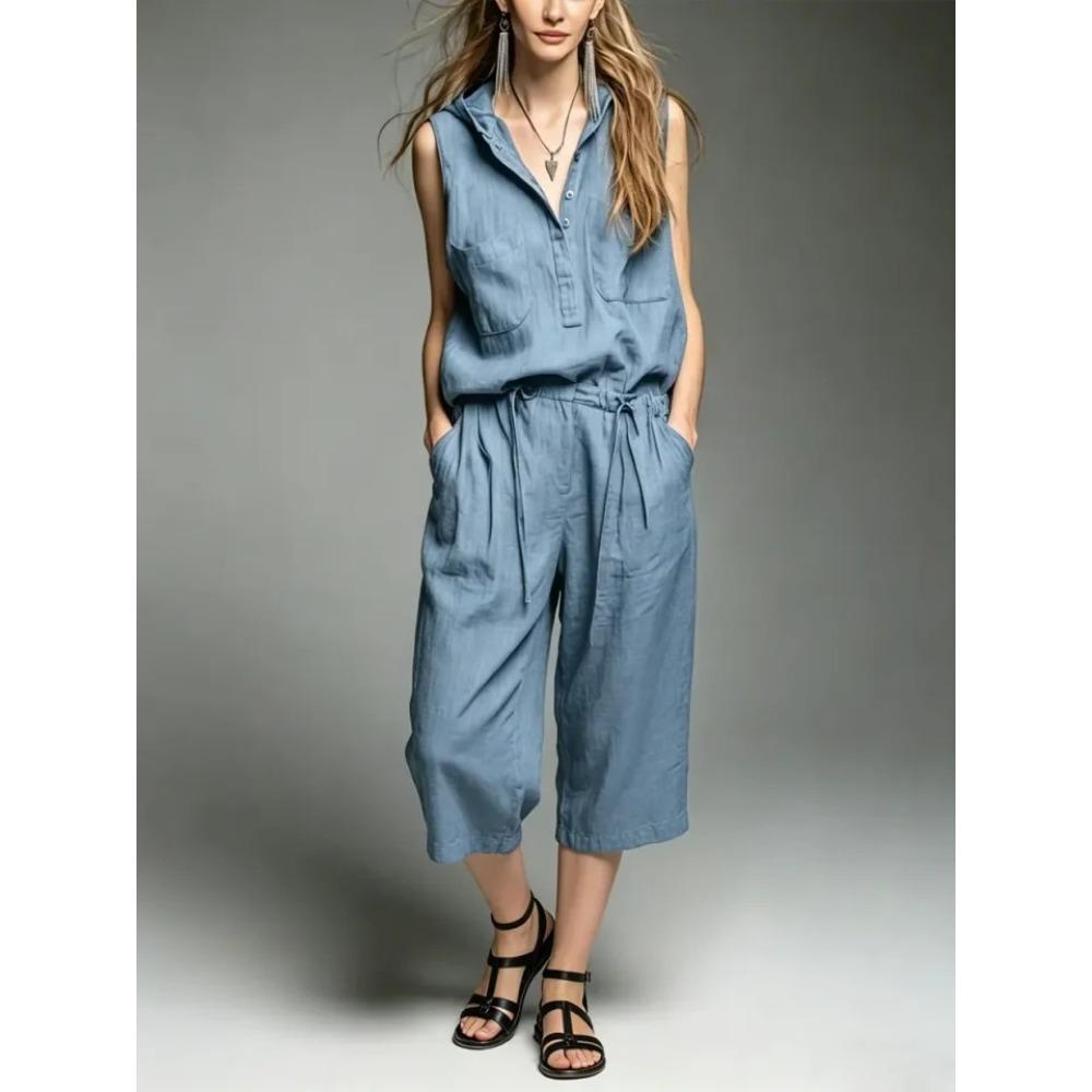 Women s Loose Fit Hooded Sleeveless Half Button Drawstring Waist Solid Cropped Wide Leg Jumpsuit S